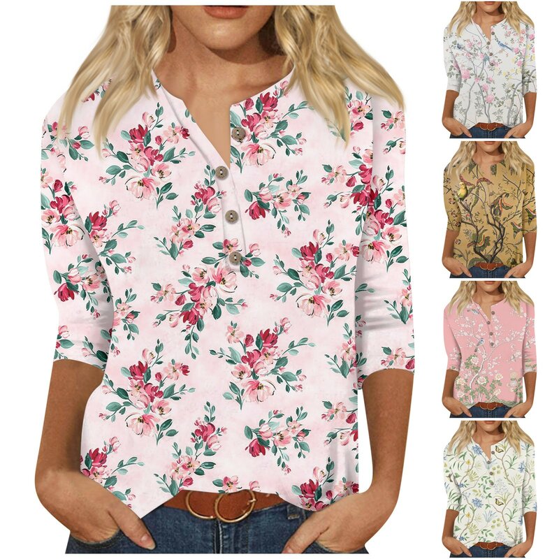 Women Blouses Unique Fashion Plant Printed Women Blouse 2024 V-Neck Button Summer 3/4 Sleeves Women Blouses Casual Ropa Mujer