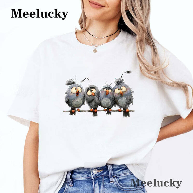 Camiseta de manga curta feminina casual com gola redonda, estampa engraçada com carta de pássaro, estampa animal, roupas para primavera e verão