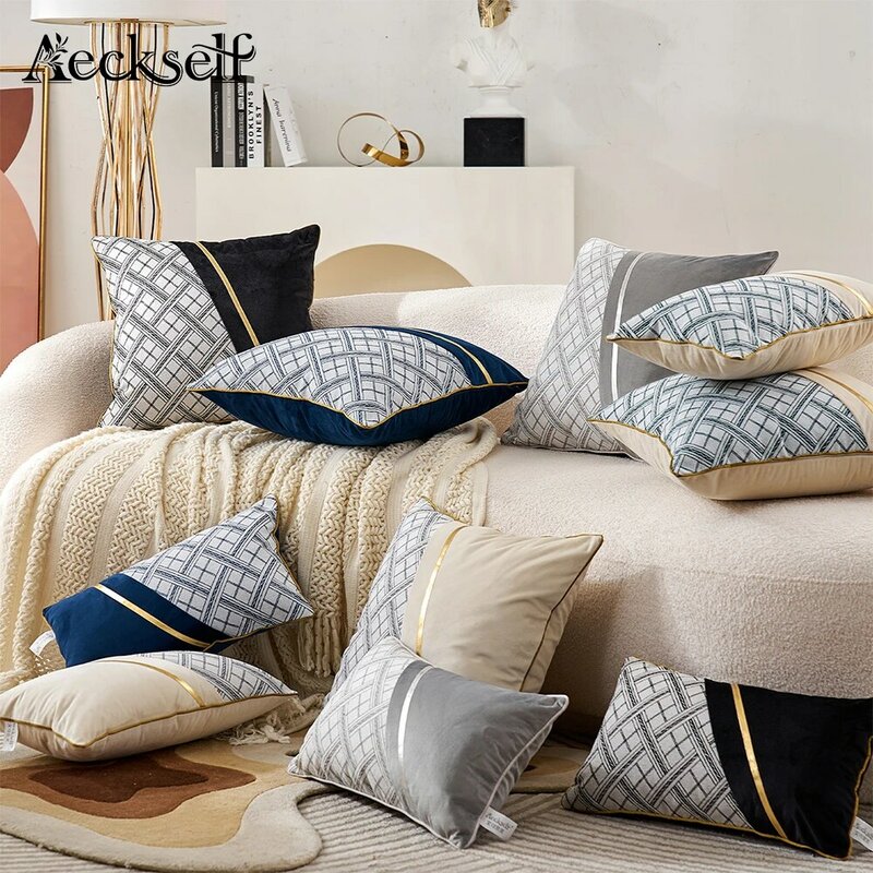 Aeckself moderno retalhos de couro decoração casa lance travesseiro caso geométrico xadrez capa almofada para o sofá sala estar quarto