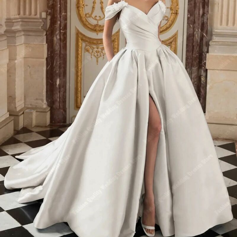 Gaun pernikahan ukuran besar bahu terbuka 2024 gaun panjang model baru untuk wanita gaun pengantin belahan tinggi samping wanita