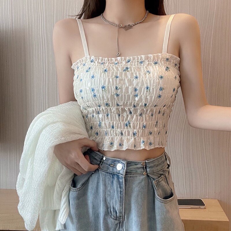 Floral Printed Camisole Woman Summer Sweet Spaghetti Strap Tank Top Female with Built In Bra Corset Women Vest with Padded