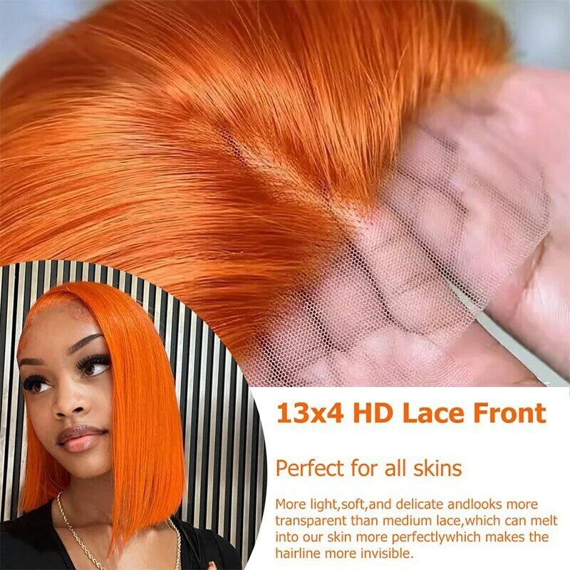 Rudy pomarańczowy Bob proste 13x4 koronkowe peruki z ludzkich włosów dla kobiet przezroczyste koronkowa peruka na przód HD wstępnie oskubane brazylijska peruka