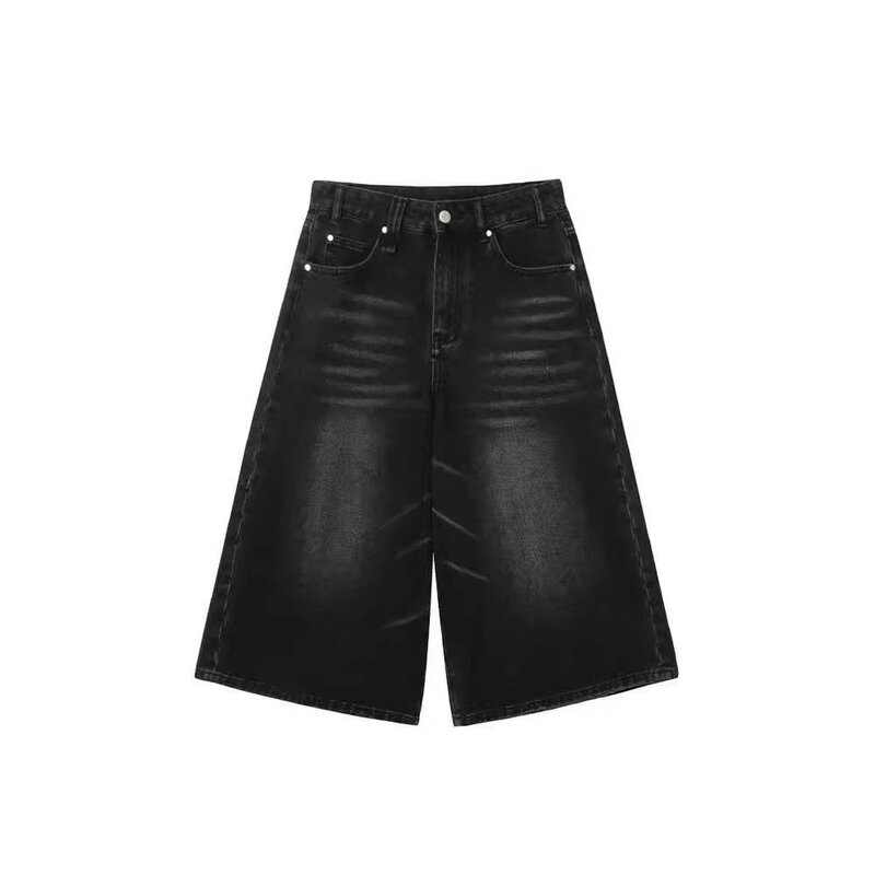 Calção jeans de perna larga de cintura alta masculino, calça reta, lavada, solta, preta, design de verão, novo, 2022