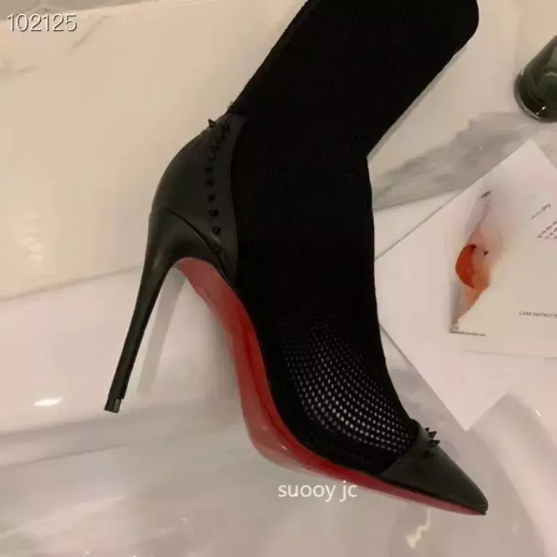 Stivali con suola rossa da donna di marca di moda lavorata a maglia di lusso, stivali da donna elasticizzati neri sexy primaverili e autunnali