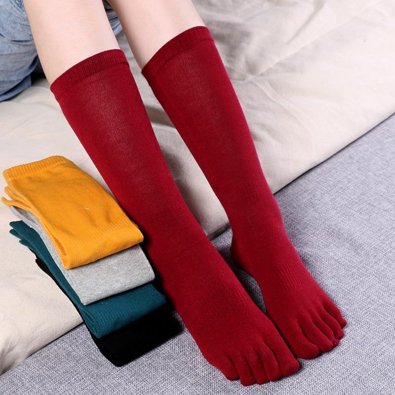 Calcetines largos de tubo de cinco dedos para mujer, calcetines de algodón con dedos de los pies separados, informales, suaves, transpirables, simples, de Color sólido, 5 dedos de los pies