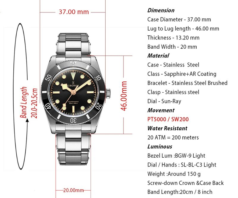 Роскошные мужские часы Cronos 37 мм Diver BB54 винтажные автоматические матовые/Алюминиевые женские наручные звенья сапфировые 20 бар L6024