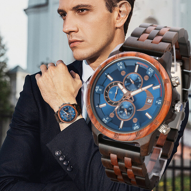 남성용 나무 손목 시계, 크로노그래프 패션 손목 시계, 비즈니스 블루 우드 시계
