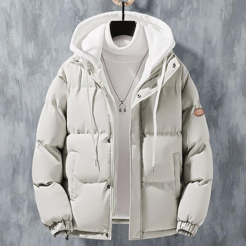 Male Zipper Cotton Coat Windproof Hooded Jackets for Men Thickened Cotton Outwear with Fake Two-piece Design Multiple for Men