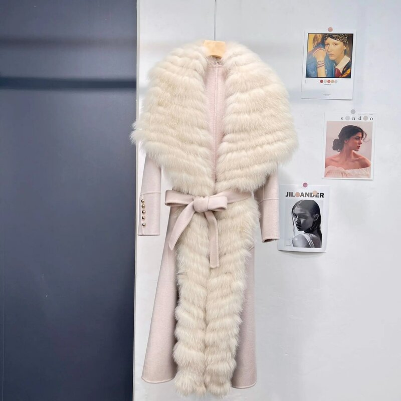 Abrigo de lana de doble cara para mujer, solapa de puerta de piel de zorro larga con cuello de Polo grande, otoño e invierno, nuevo, 2023