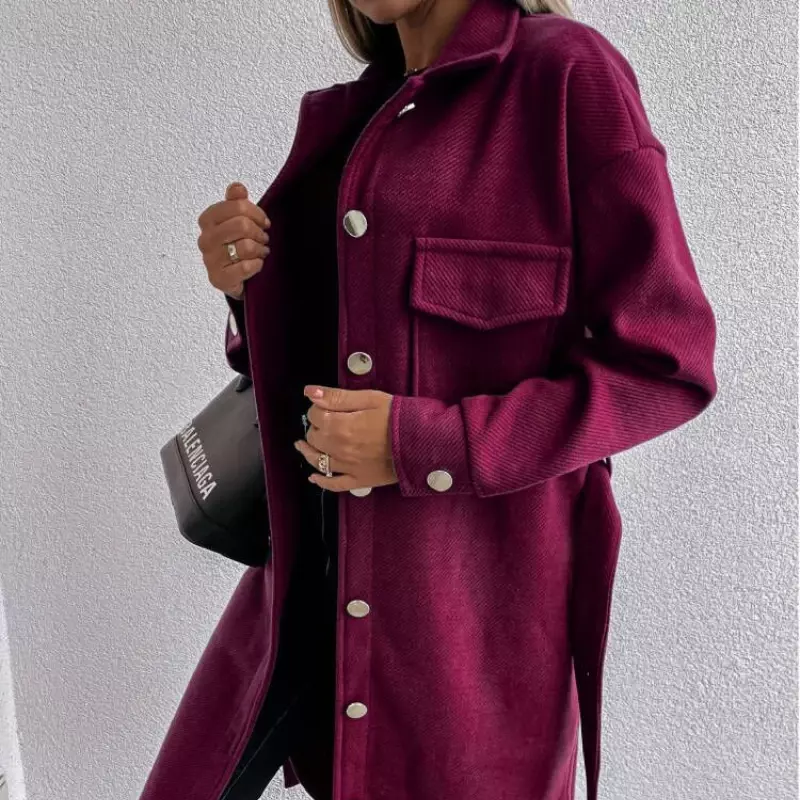 2022 autumn and winter new women's fashion solid color mid-length lapel tie long-sleeved wool trendy women's coat