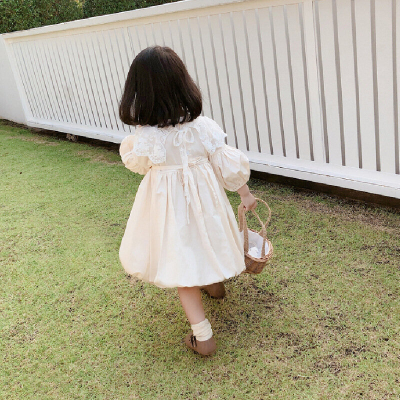 Wiosenna jesień niemowlęta dziewczynki z bawełniane guziki rękawami sukienka księżniczki z koronkowy szal uczniów słodka odzież 2-8 lat