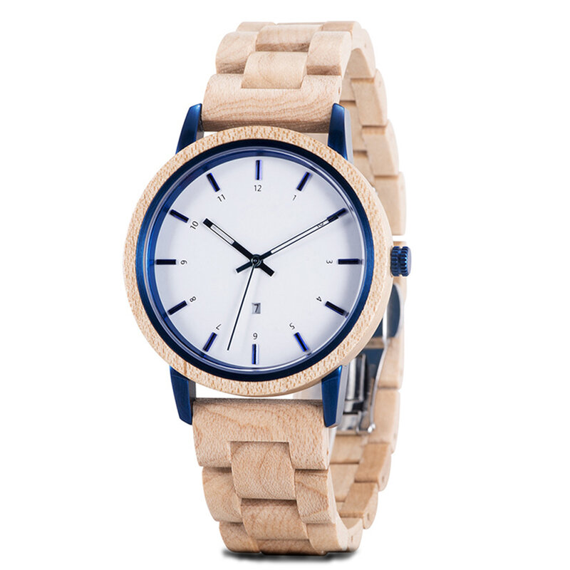 Unisex handmade maple imported quartz movement analog watch display calendar adjustable strap fashion personalized gift watch