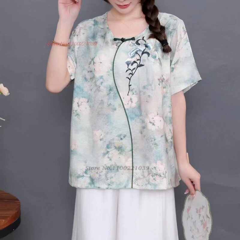 Blusa China vintage con estampado nacional de flores, tops retro hanfu, blusa suelta étnica con cuello redondo, ropa de calle tradicional, 2024
