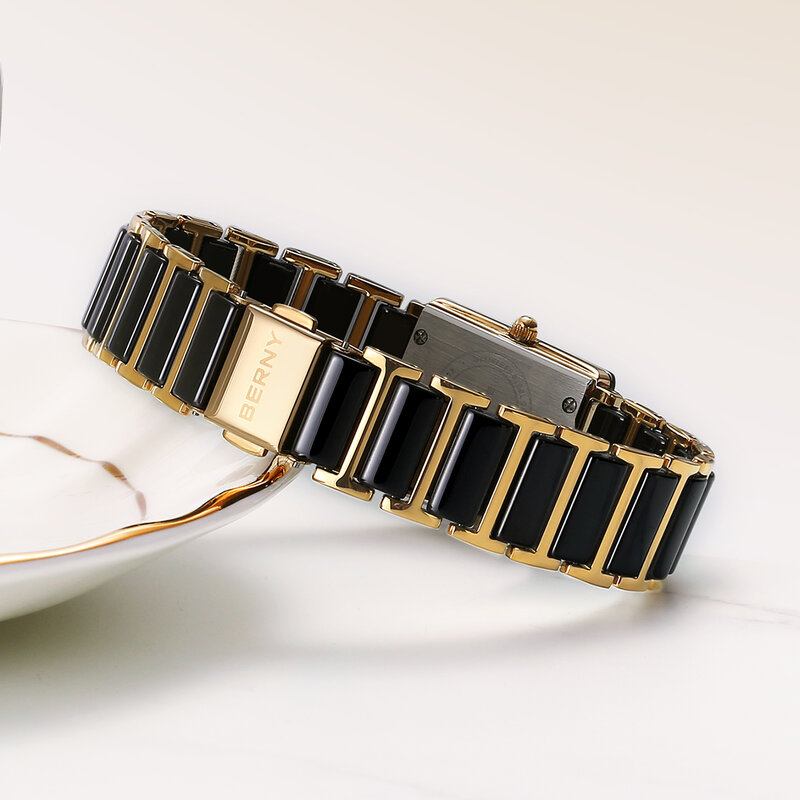 Berny Keramiek Quartz Vrouwen Horloge Mode Rechthoek Mannen/Vrouwen Polshorloge Armband Luxe Diamon Gouden Paar Horloges Cadeau Horloges