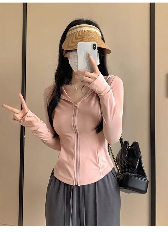 Sun-Proof Zip Up Hooded T-Shirts Women Y2K Harajuku Sexy Slim Crop Tops Streetwear Casual Basic Tees Tracksuit Coat