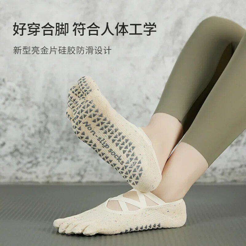 Anti-derrapante silicone cinco dedos meias curtas para mulheres, meias de ioga costas abertas, esportes fitness, meias de pilates