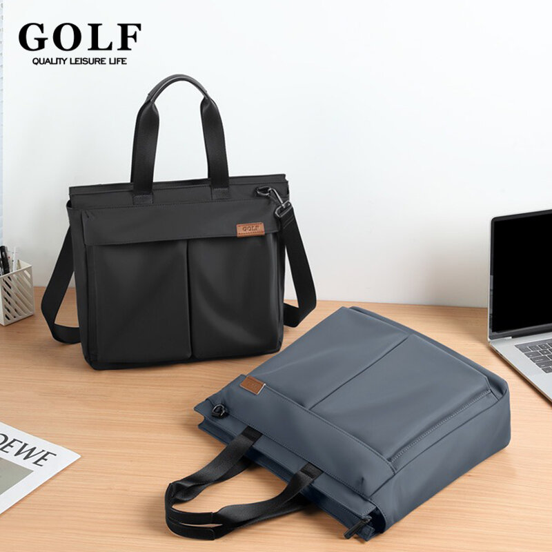 Maleta masculina de golfe, bolsa de escritório de grande capacidade, bolsa de couro com alça, bolsa de ombro de 15 polegadas laptop preto
