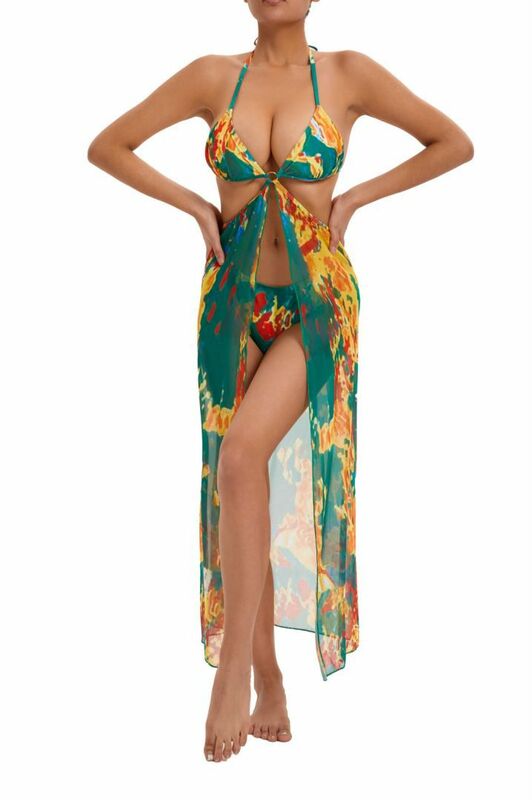 Women Two Piece Print Micro Bikini with Mesh Long Dress Cover Ups Swimsuit Female Swimwear Vintage Beach Wear Bathing Suits