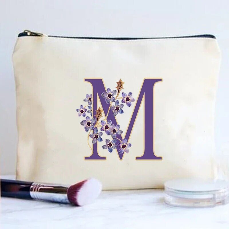 Bolso de belleza multifunción con estampado de flores y letras iniciales para mujer, bolsa de maquillaje, bolsa de cosméticos de lona, bolsa organizadora