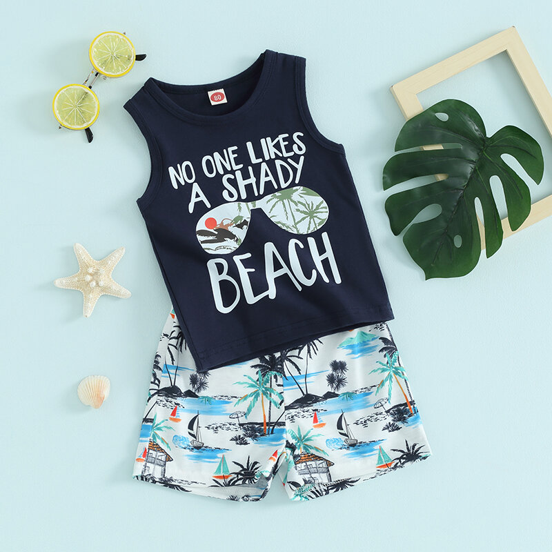 Toddler Baby Boys 2 Piece Outfits Letter Print Sleeveless Tank Tops and Elastic Beach Shorts Set Infant Summer Clothes