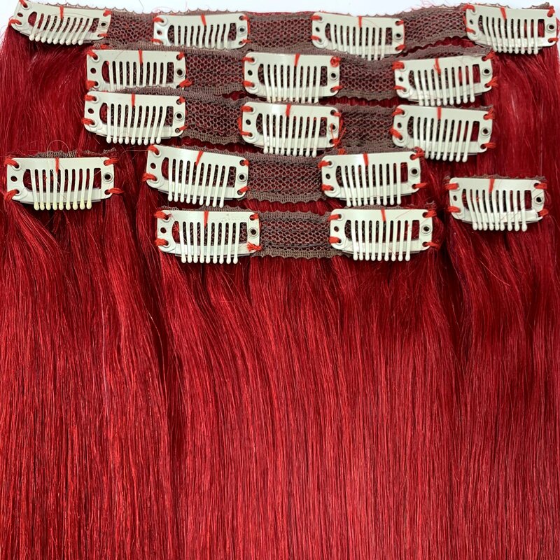 Straight Clip-in Remy extensões de cabelo humano, cabelo humano real, cabeça cheia, # Red, 15in-18in, 70G, 7PCs