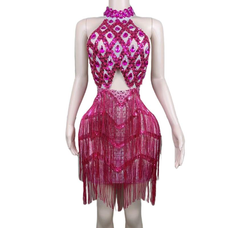 Sanjiao-Robe de Soirée Sexy Transparente pour Femme, Paillettes de Luxe, Rose Rouge CitroBlack Girl, Mini Robe de Bal Courte, Pompon