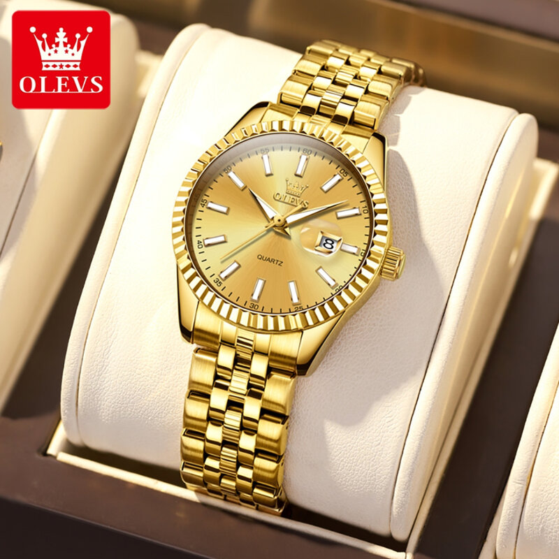 OLEVS 5593 modna zegarek kwarcowy na prezent z okrągłym tarczą kalendarz ze stali nierdzewnej