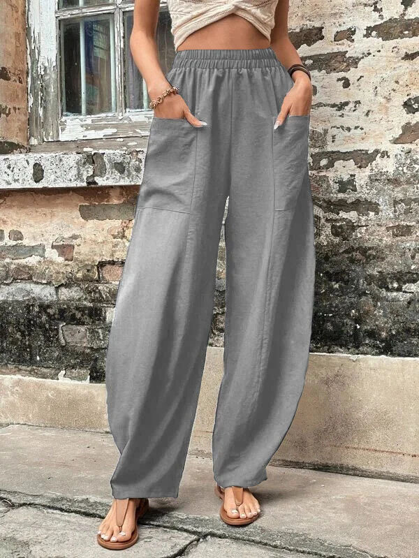 Pantalones elásticos informales con bolsillo para mujer, ropa barata, Color sólido, envío gratis