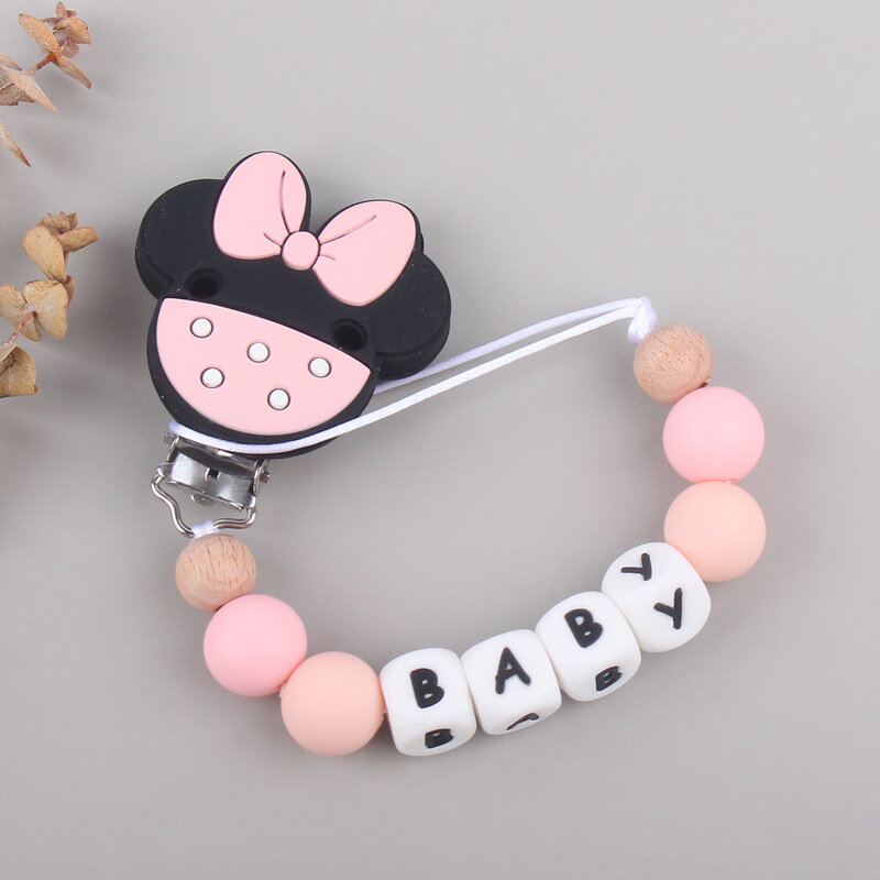 Cadena de chupete con nombre personalizado, Clips de silicona con letras en inglés, soporte para mordedor de ratón, chupete para bebé, juguete de dentición, regalo para masticar