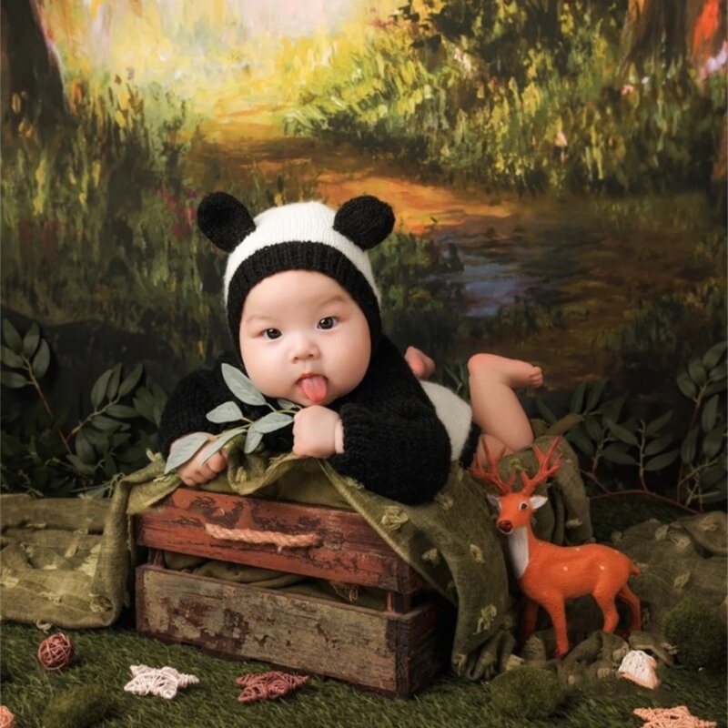 K5DD Alat Peraga Fotografi Bayi Kostum Jumpsuit Topi Telinga Panda Alat Peraga Pesta Mandi Bayi