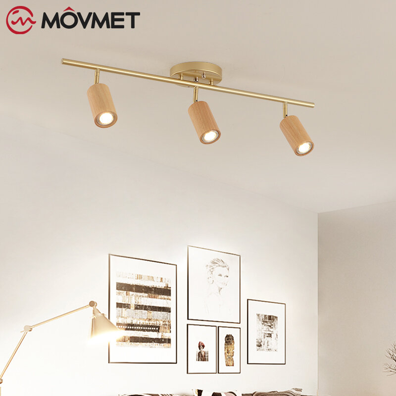 Simple Nordic LED Spotlight เพดานไม้หมุนได้ E27โลหะสำหรับกระจกห้องนอนศึกษาทางเดินระเบียงห้องนั่งเล่นในร่มวอลนัท