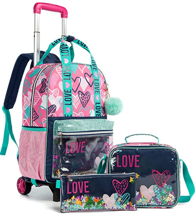 子供のための学校の輪のバックパック、ホイール付きのローリングバッグ、女の子のためのトロリーサッチェル