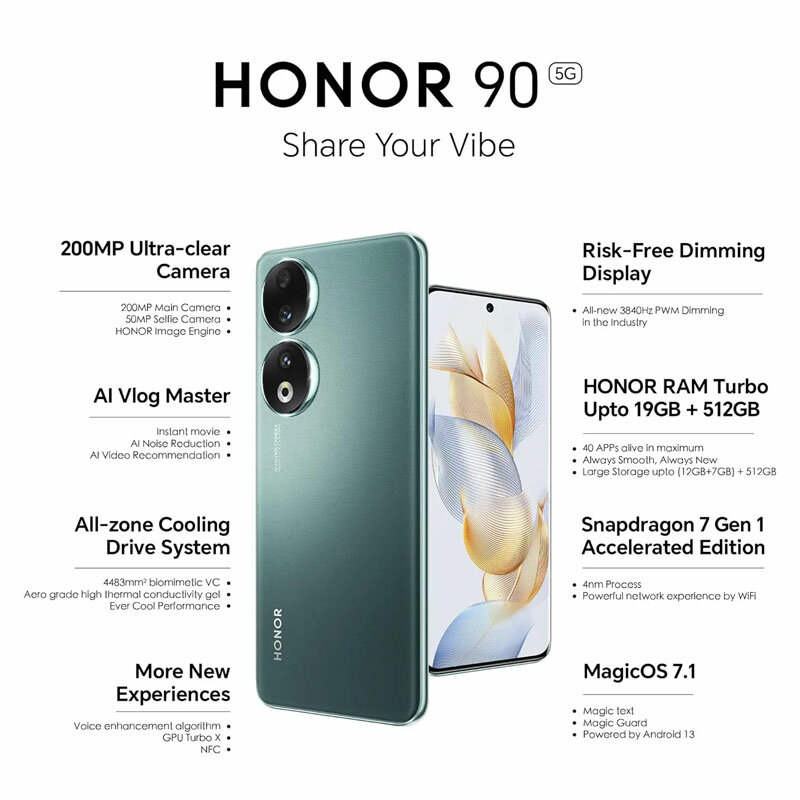 Global Version HONOR 90 5G 6.7 inch OLED Snapdragon 7 Gen 1 200MP Ultra-Clear Camera 5000mAh 66W Supercharger 120Hz 2023 New