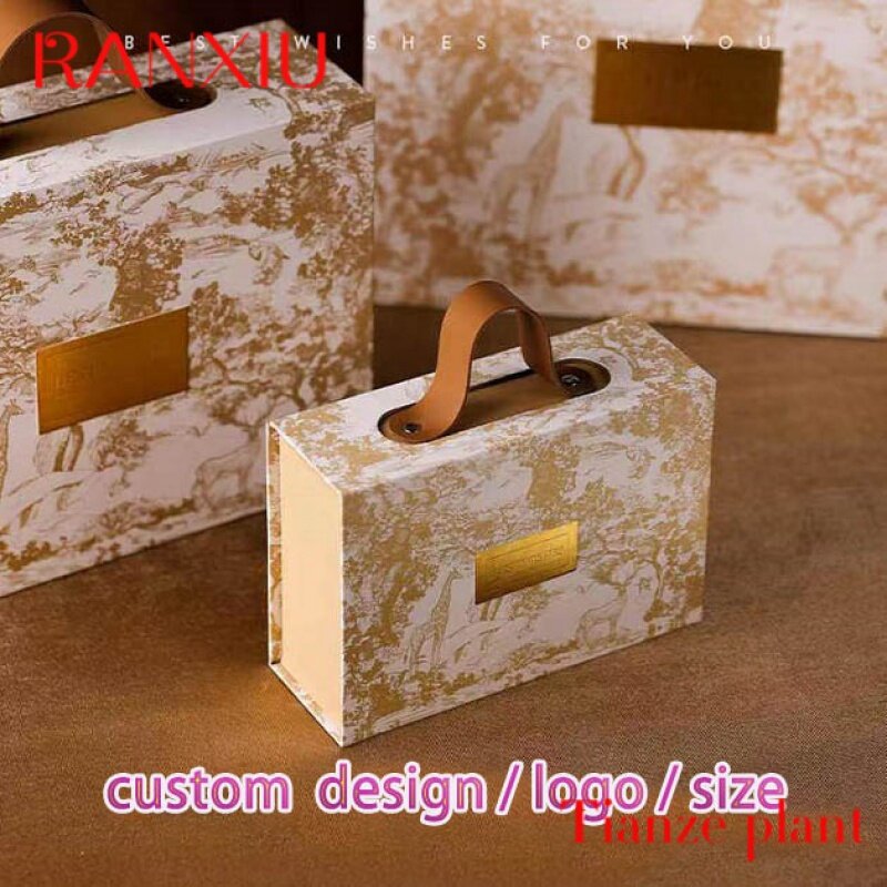 Роскошные магнитные бумажные коробки с логотипом под заказ, с кожаной ручкой, для одежды, обуви, конфет, складные упаковочные коробки