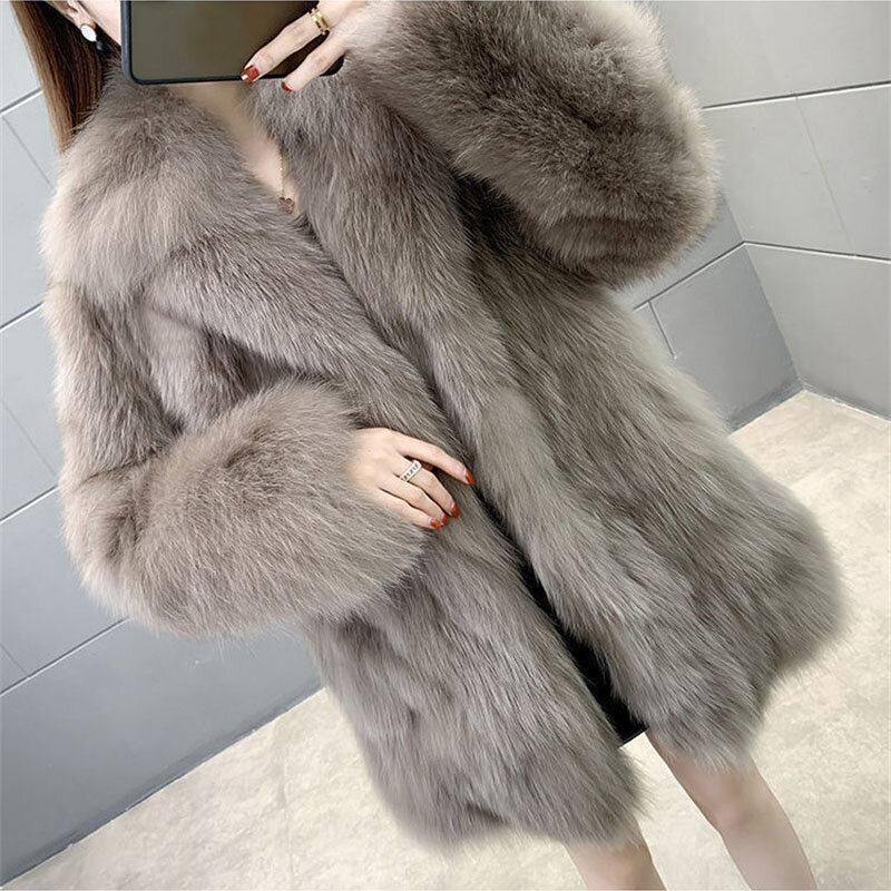2023 Women Winter Female Thick Warm Mid-long Plush Outerwear New Faux Fox Fur Coat Lady Casual Snow Fur Jacket