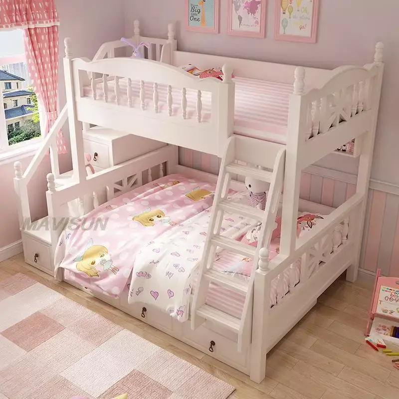 łóżko Koreański wiejski styl Piętrowe białe nowoczesne minimalistyczne w górę w dół Dziecięce piętrowe z miejscem do przechowywania dla księżniczek Dziewczyny Kreatywne meble pokojowe