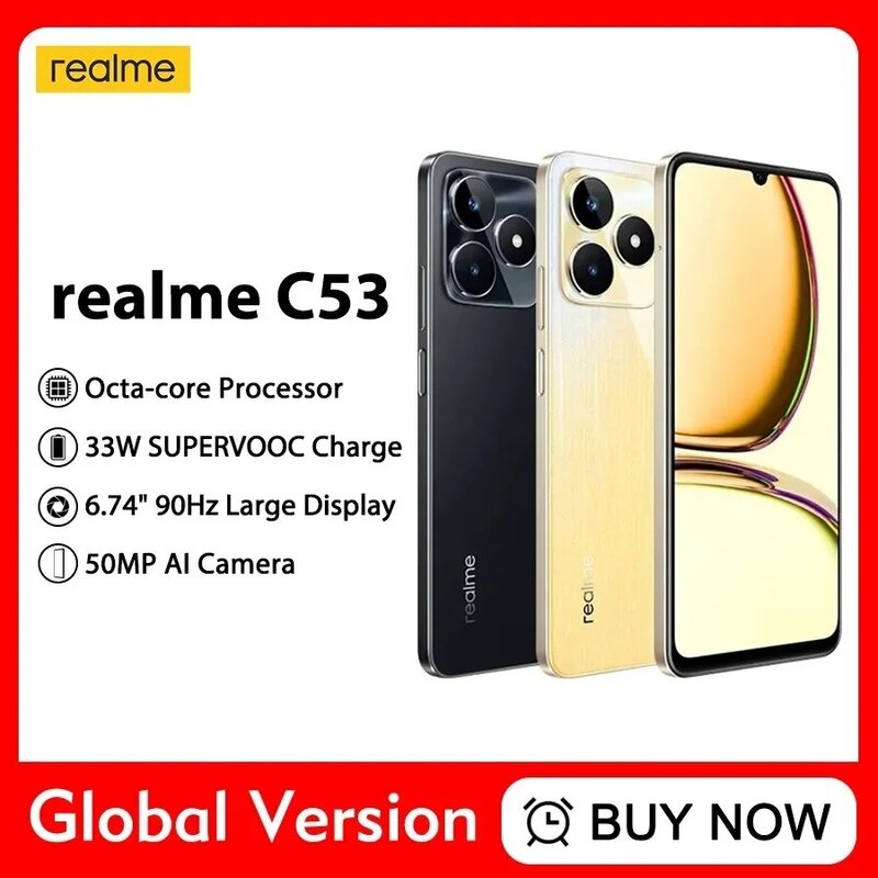 Realme-C53 Versão Global, 6GB, 128 GB, 8 GB, 256GB, Octa Core, Carga SuperVOOC de 33W, 5000mAh, Câmera AI de 50MP, 6,74 "HD, Tela 90Hz, NFC