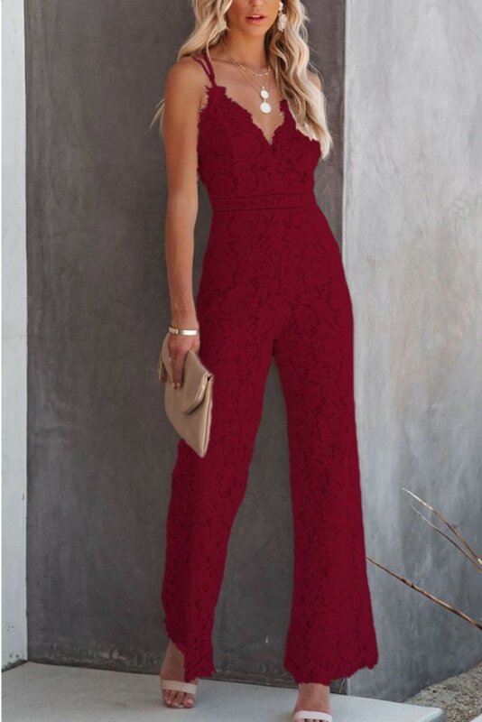 Summer New Solid Lace Splice Sleeveless Casual Sling Jumpsuit Women's V-neck Sexy High Waisted Slim Fit Wide Leg Pants