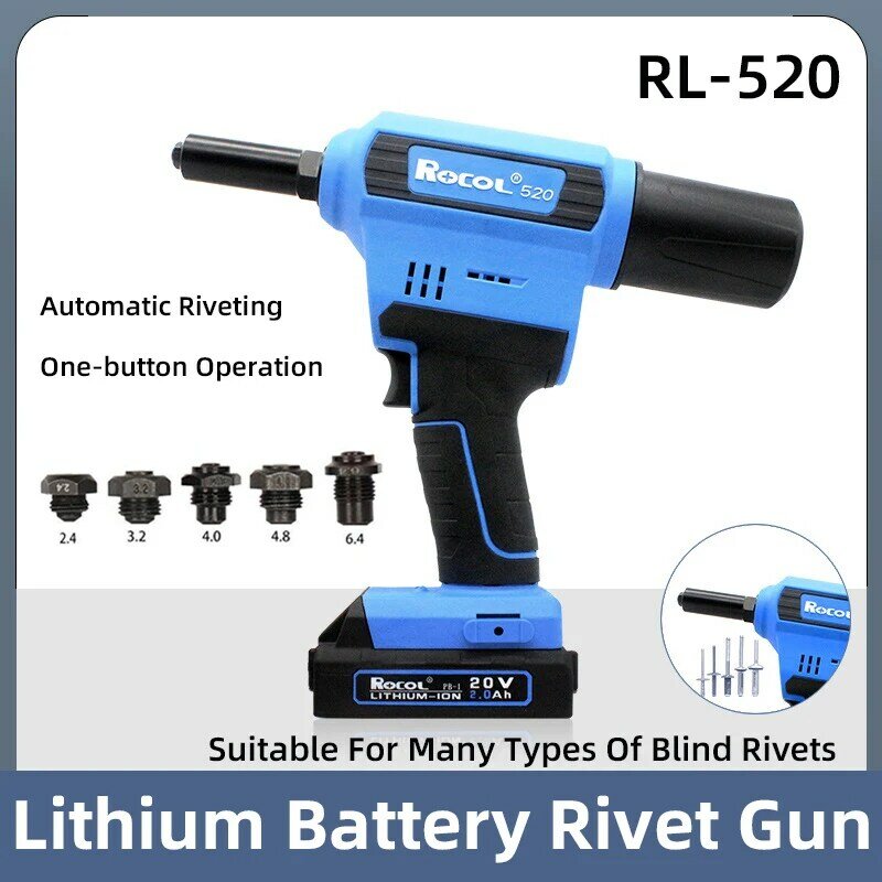 Electric Rivet Gun Rocol RL-520 Lithium Battery Automatic Rivet Gun Core Pulling Riveting Tool Stainless Steel Brushed Rivets
