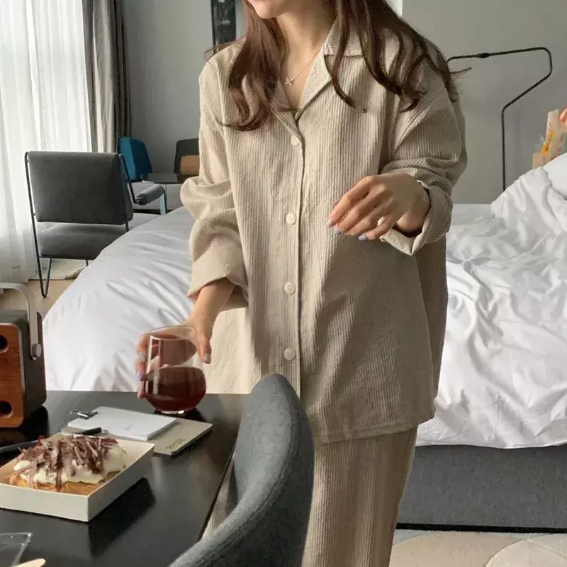 Effen Kleur Casual Pyjama Sets Vrouwen Single Breasted Japan Stijl Turn-Down Kraag Nachtkleding Lente Herfst Elastische Taille Homewear