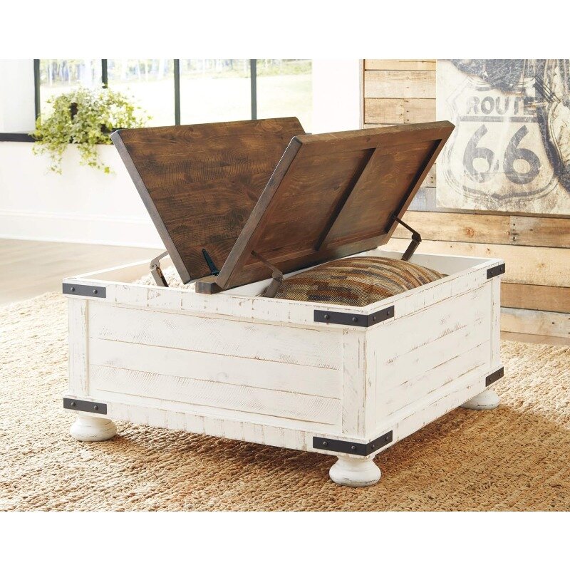 Farmhouse Square Storage Coffee Table with Hinged Lift Top, Distressed White