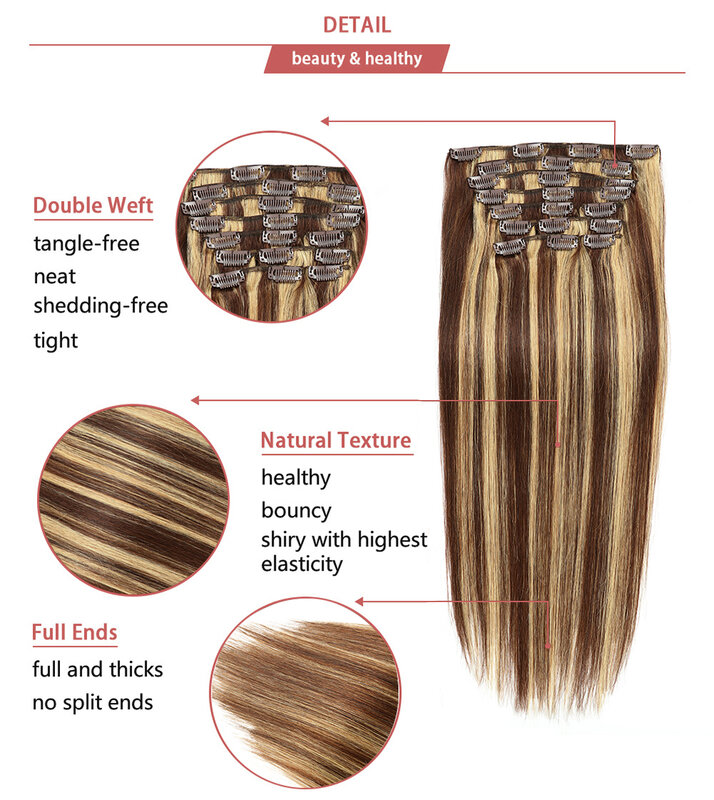Włosy doczepiane Clip In podkreślają Remy spinkę do włosów podwójne pasma w doczepy z ludzkich włosów dla kobiet w wieku od 16 do 24 Cal