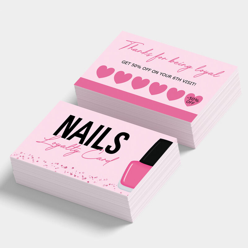 Tarjeta de fidelización de uñas para manicura, tarjeta de presentación de esmalte de uñas, 50 piezas, venta al por mayor