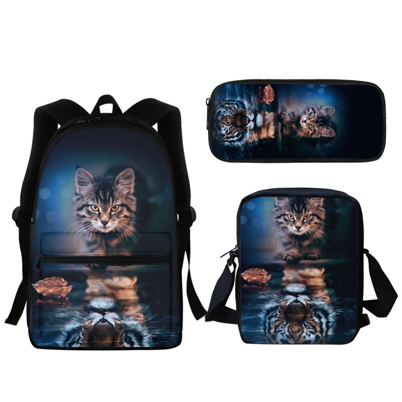 Cartoon Tiger e Cat School Bag para crianças, Zipper Backpack, Pupil Pencil Case, Bookbags, Designer de moda, Girls Gift, 3 Pcs