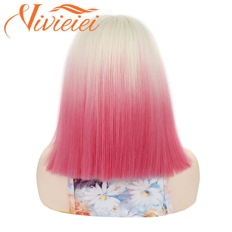 Vivieei-女性用合成かつら,短いブロンドの髪,正面のレースのかつら,ブロンド,ピンク,オレンジのコスプレの髪