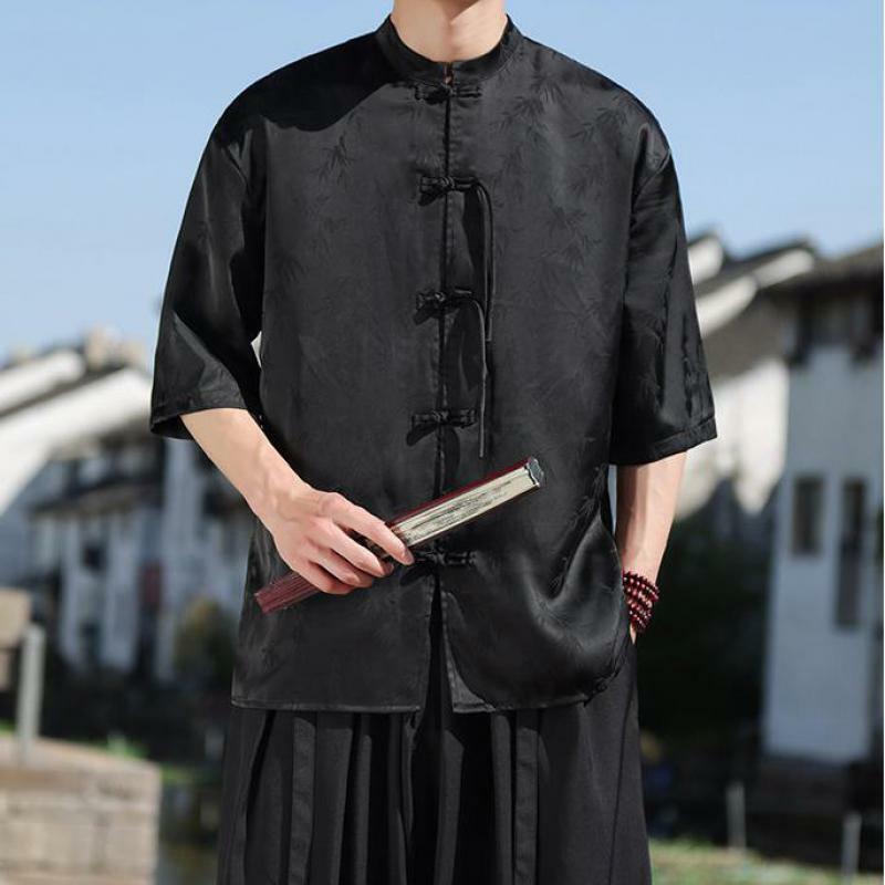 Męski kombinezon z krótkim sleve koszula męska stójką w jednolitym kolorze chiński Kung Fu koszula Streetwear letnie koszule Plus rozmiar 5XL