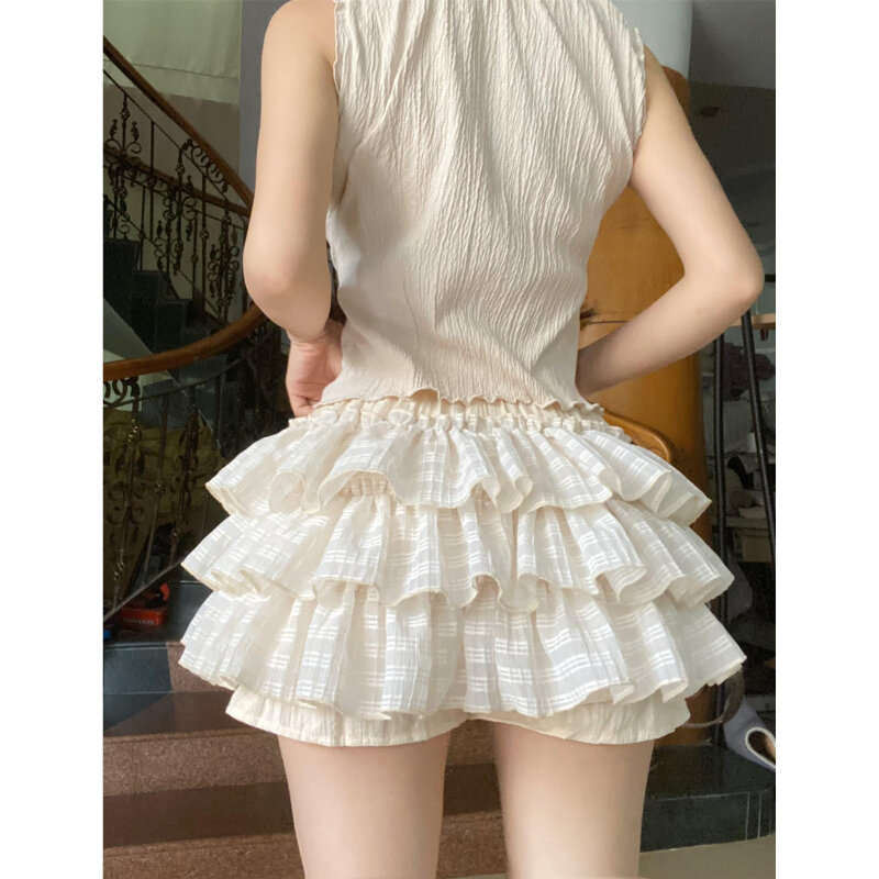 Deeptown Kawaii Lolita Women Skirt Shorts Ruffle Fairycore Japanese Style Cute Mini Skirts Sweet Layered Patchwork Short Skirt