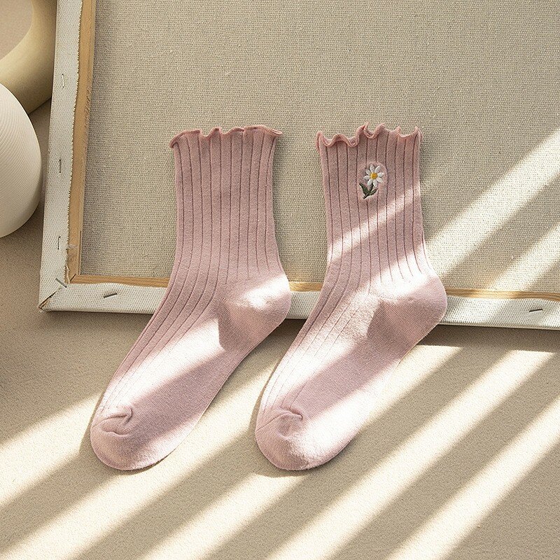 Женские носки с оборками, модные милые хлопковые Дышащие носки в японском стиле, милые повседневные милые носки с цветочной вышивкой для девочек