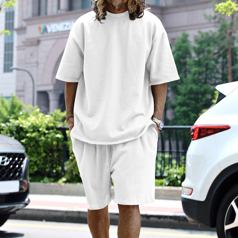 Summer Solid Color Men's Set Fashion Round Neck Short Sleeve T-shirt Casual Loose Drawstring Pockets Patchwork Straight Shorts