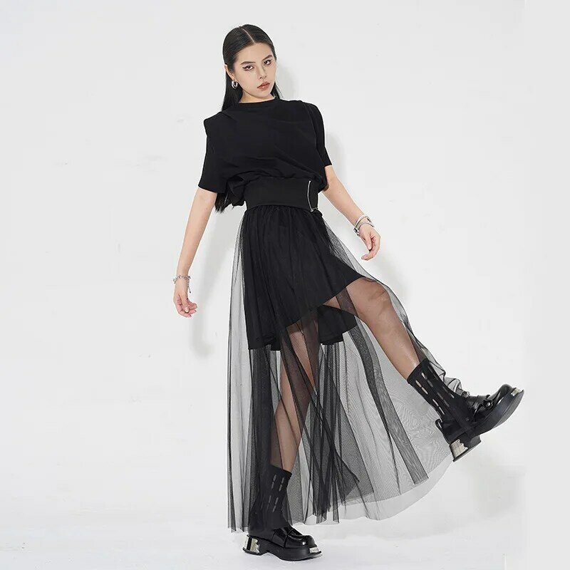Falda Midi de cintura alta elástica para mujer, falda de medio cuerpo, perspectiva de malla, línea A, moda informal, nueva tendencia, Q876